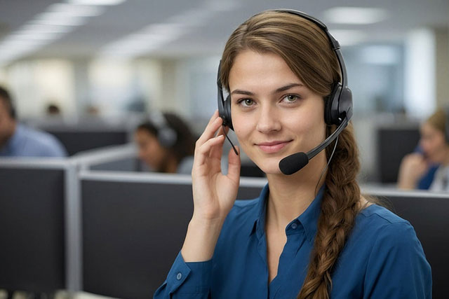Row of customer support agents on headsets at desks